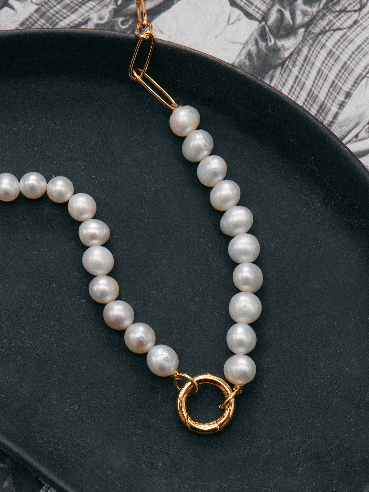 Close up of Pearl Gold Clasp Necklace with Pendant and Charms - 18ct Gold Vermeil - Heyrlome Jewellery