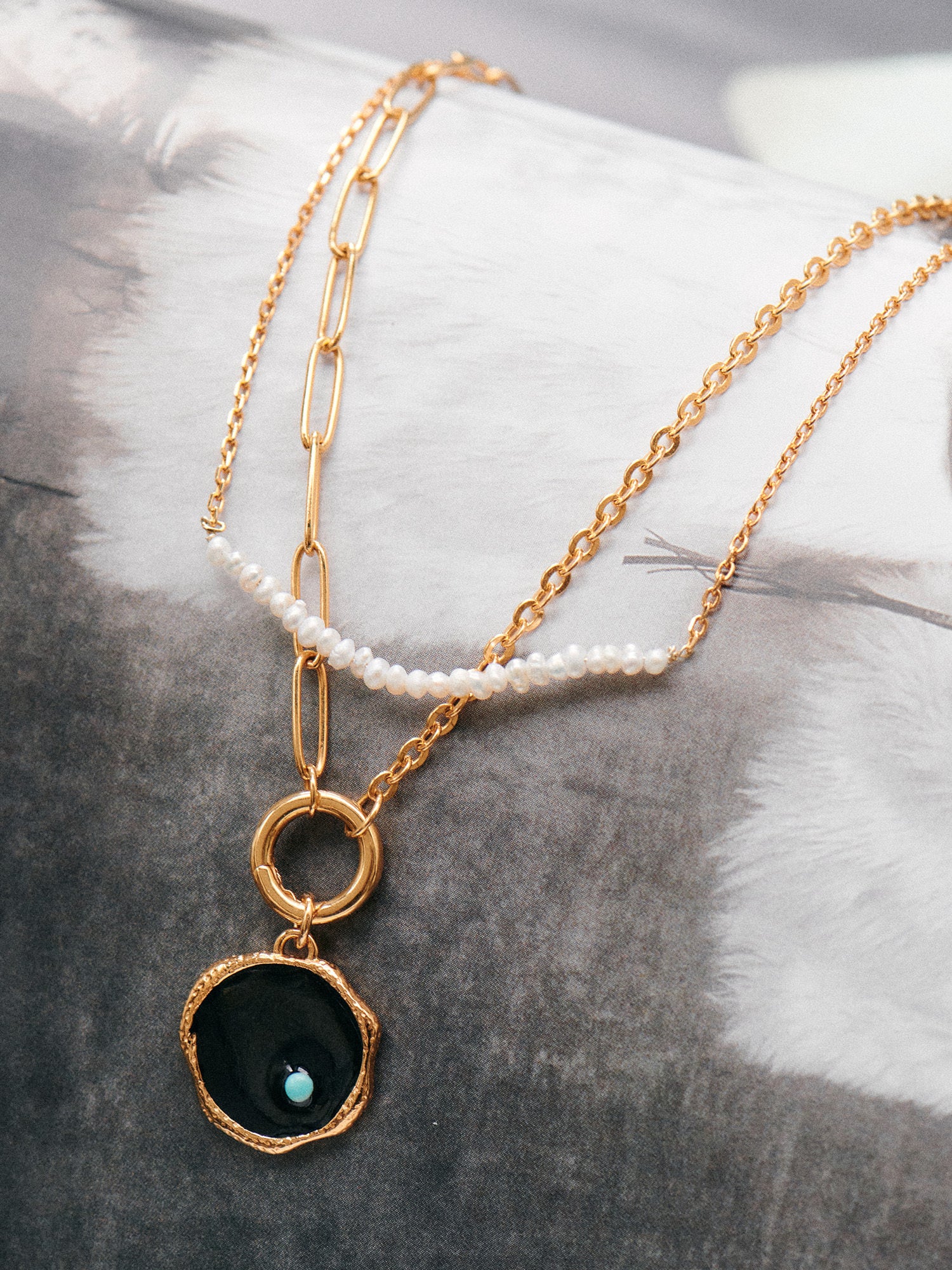 Black Enamel Gold Pendant with Turquoise - 18ct Gold Vermeil and Turquoise - Heyrlome Jewellery