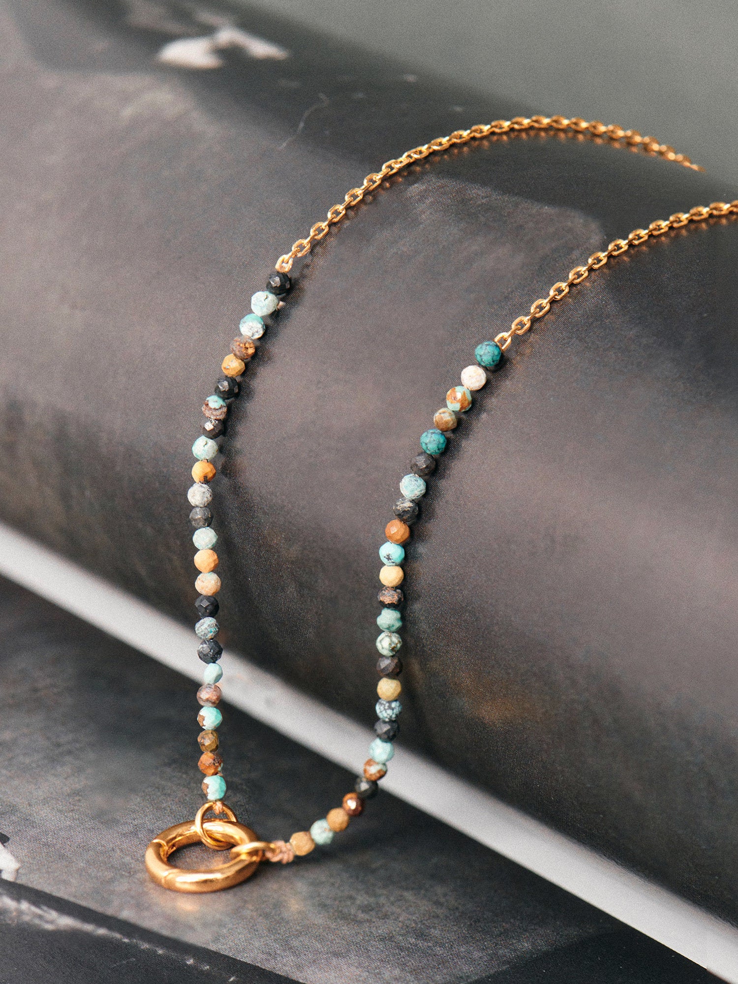 Close up of Hubei Turquoise Beaded Clasp Gold Necklace - 18ct Gold Vermeil - Heyrlome Jewellery