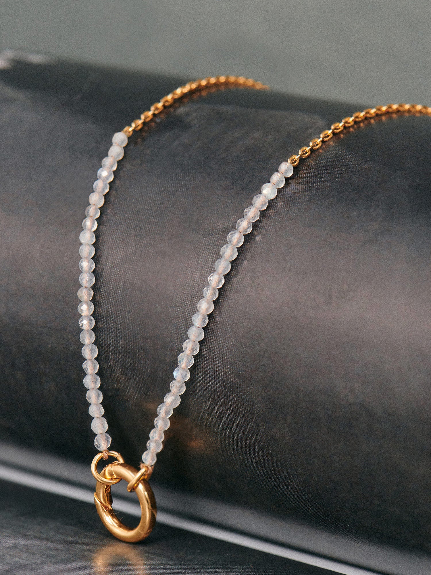 Close up of Labradorite Beaded Clasp Gold Necklace - 18ct Gold Vermeil - Heyrlome Jewellery