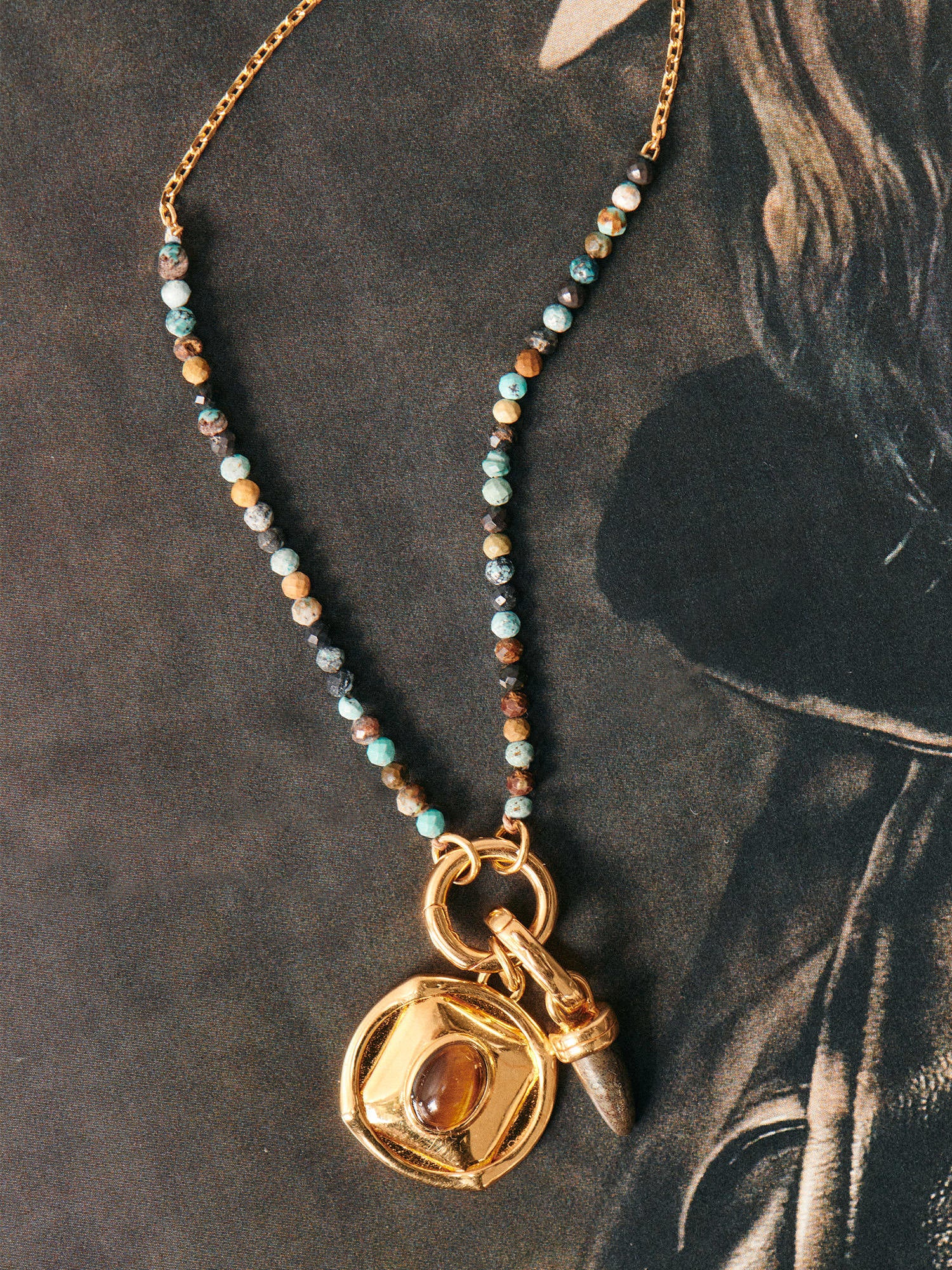 Hubei Turquoise Beaded Clasp Gold Necklace styled with pendants - 18ct Gold Vermeil - Heyrlome Jewellery