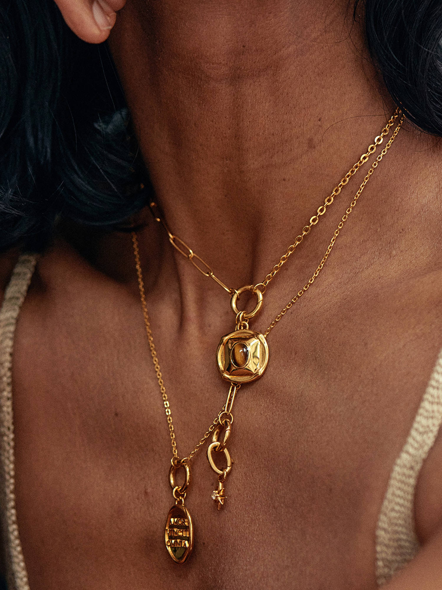 Necklace Stack with Tiger's Eye Amulet Gold Pendant - 18ct Gold Vermeil - Heyrlome Jewellery