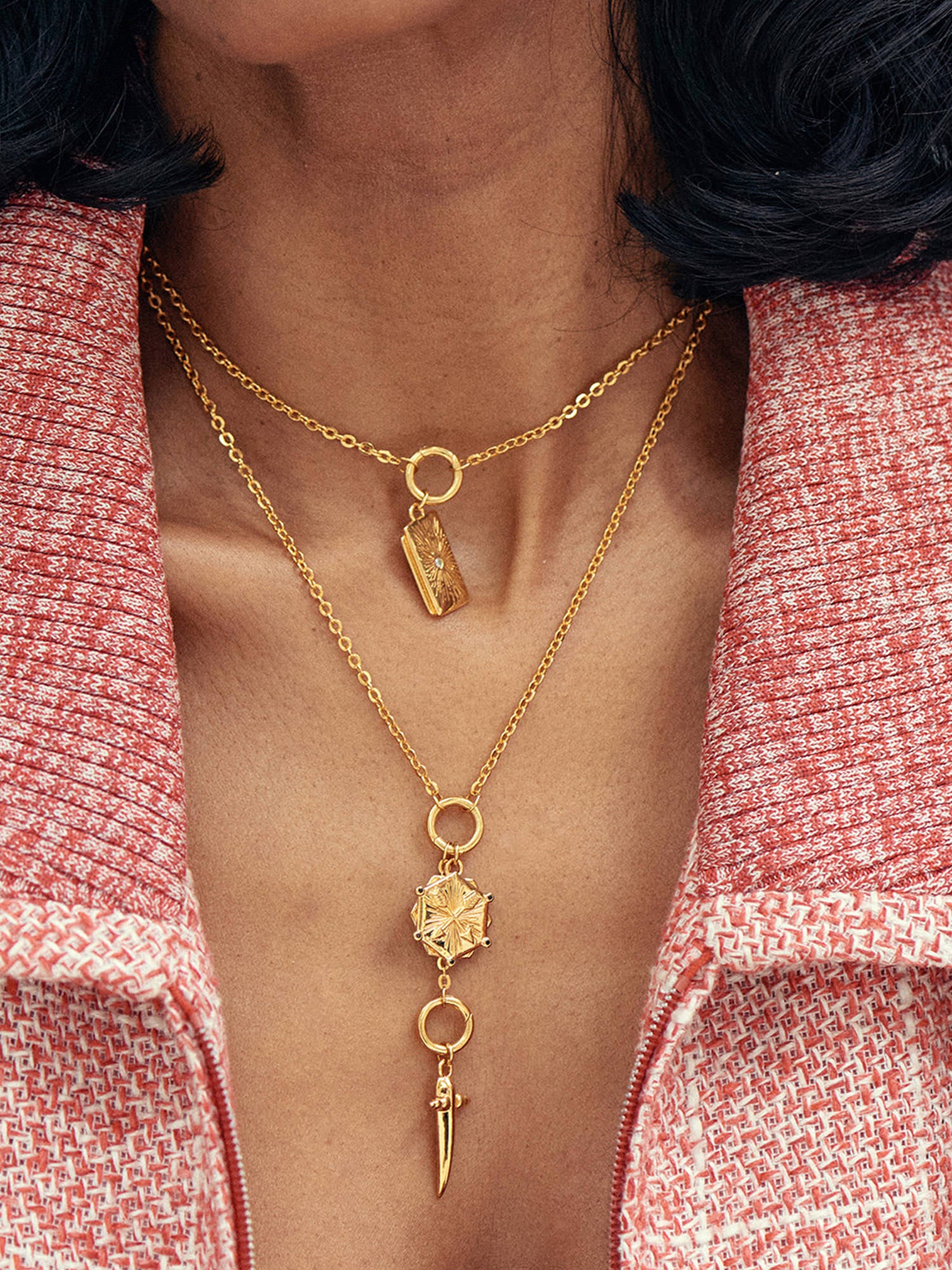 Necklace Stack with Crossed Arrows Friendship Gold Pendant - Black Spinel and 18ct Gold Vermeil - Heyrlome Jewellery