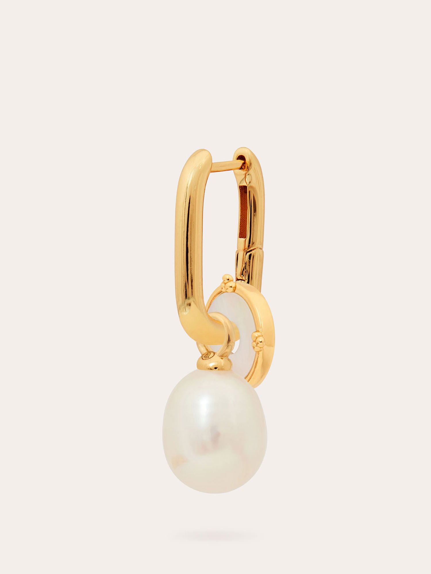 Side view of Gold Vermeil Charm Elongated Hoop Earring - Pearl - Heyrlome Jewellery