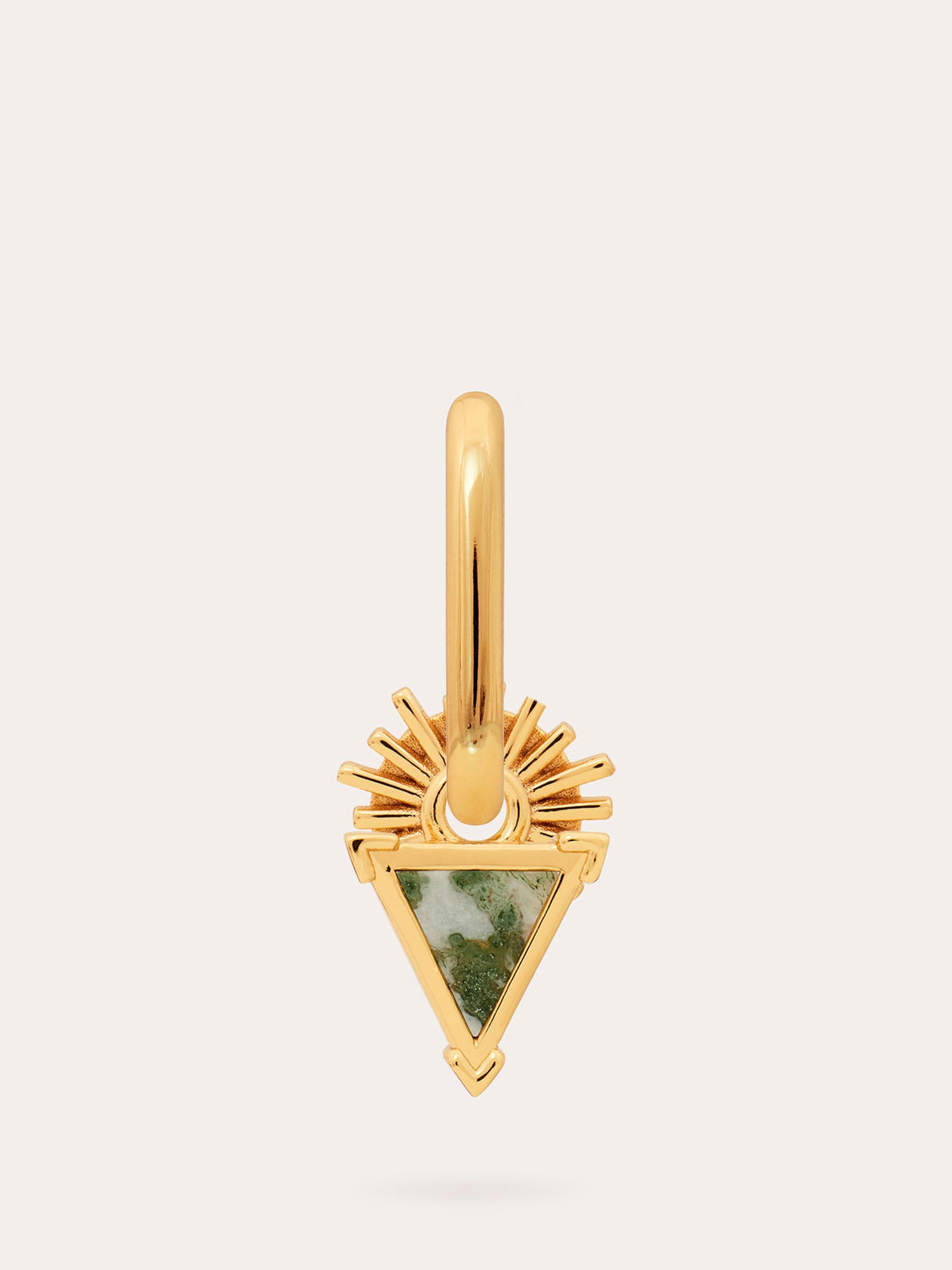 Front view of Gold Vermeil Charm Elongated Hoop Earring - Moss Agate - Heyrlome Jewellery