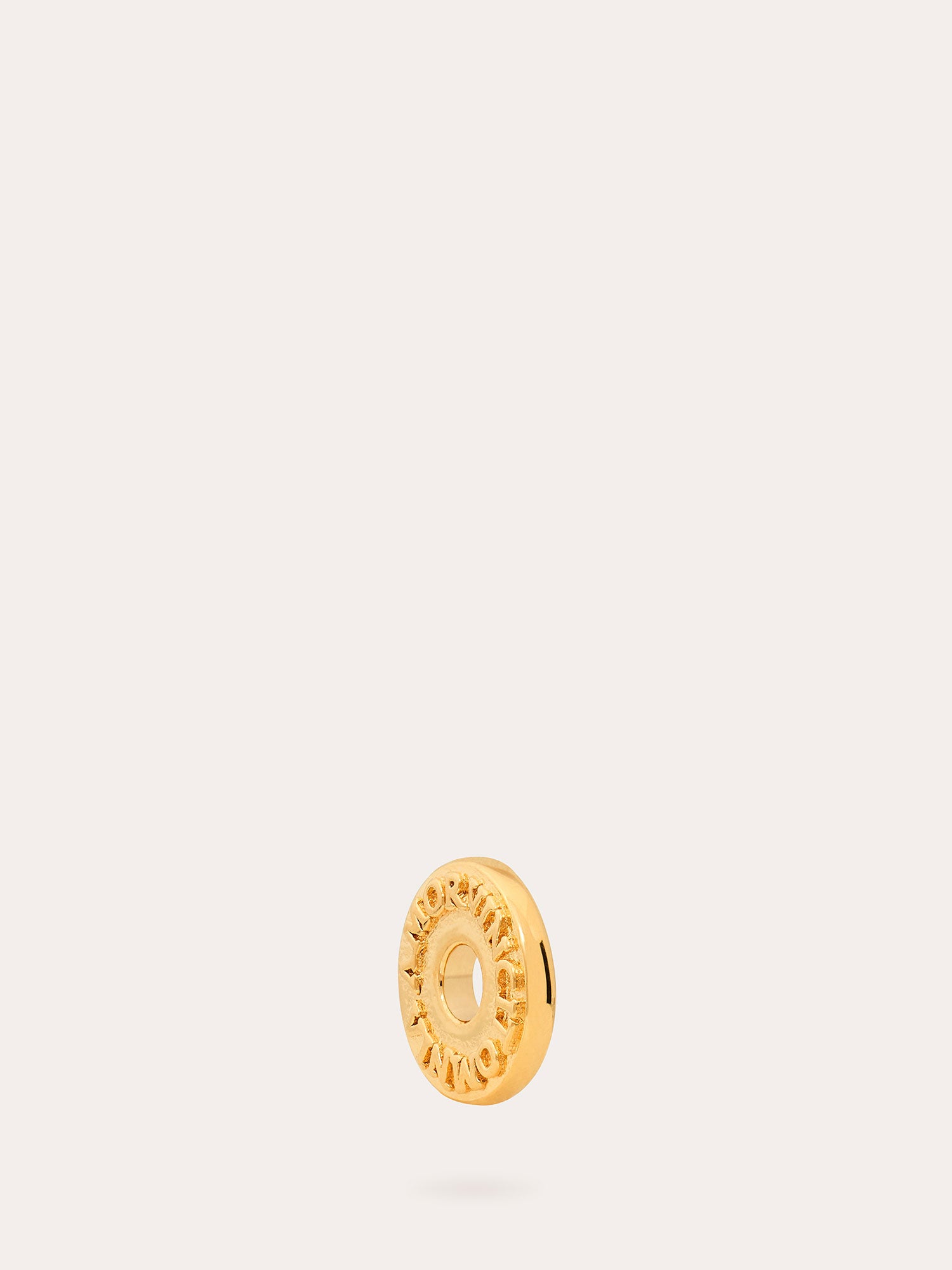 Side View of Amor Vincit Omnia Gold Disc Charm - 18ct Gold Vermeil - Heyrlome Jewellery